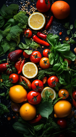 various fruits and vegetables are arranged on a black backgroundの素材