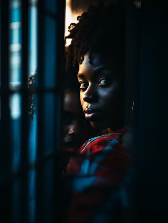 two young black women looking out of a windowの素材