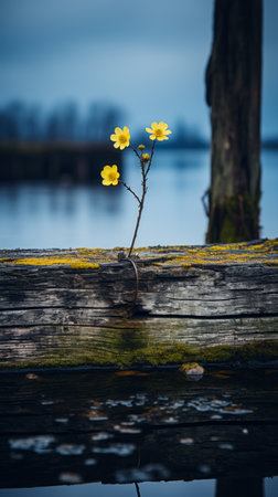 two yellow flowers growing on a wooden post in the waterの素材