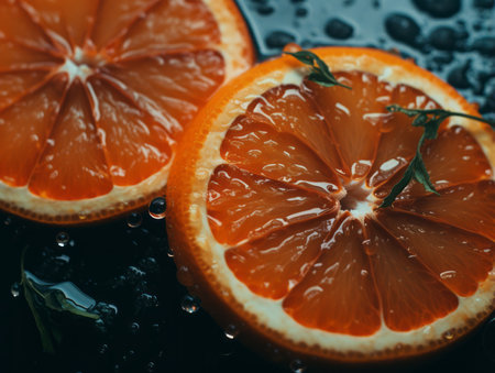 two slices of orange with water droplets on themの素材
