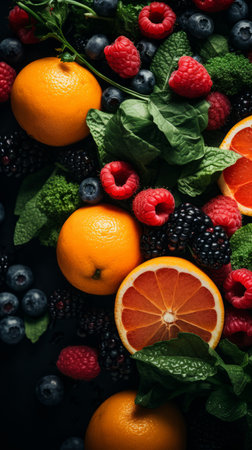 various fruits and vegetables are arranged on a black backgroundの素材