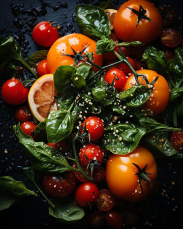 tomatoes basil and lemons on a black backgroundの素材