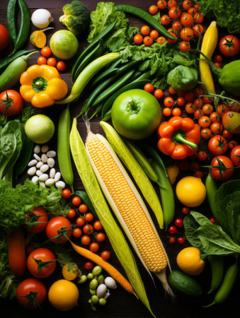various vegetables and fruits are arranged on a wooden tableの素材