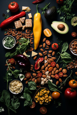 various types of vegetables and nuts on a black backgroundの素材