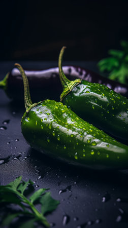 two green peppers with water droplets sitting on a black surfaceの素材