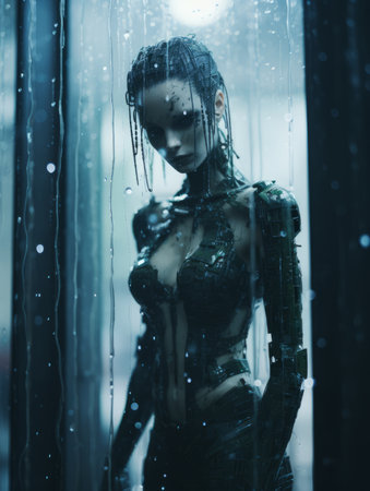 a woman in a suit standing in the rainの素材