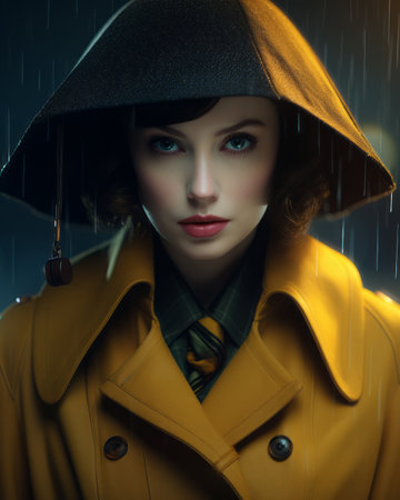 a woman in a yellow raincoat and black hat in the rainの素材