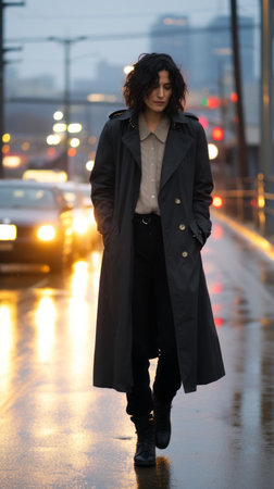 a woman in a trench coat standing on a wet streetの素材