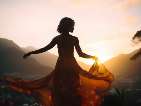 a woman in an orange dress standing in front of a mountain at sunsetの素材
