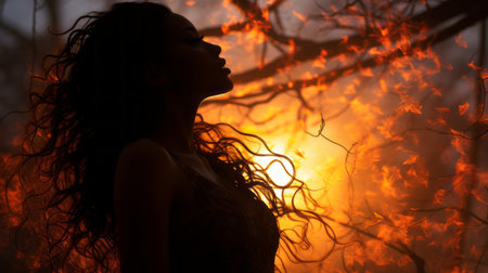 a woman is silhouetted in front of a fireの素材