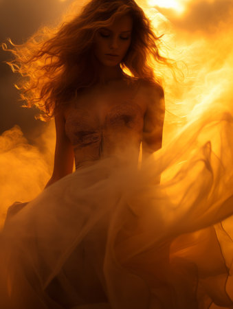 a woman in a white dress is in the airの素材