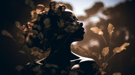 a woman is silhouetted in the sun with leaves in her hairの素材