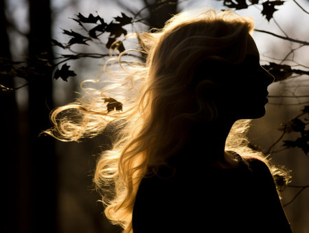 a woman is silhouetted against a tree with leaves blowing in the windの素材