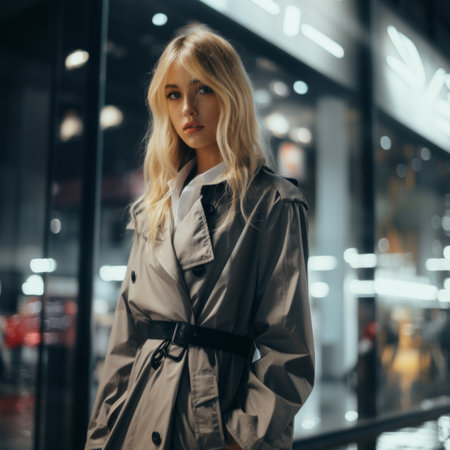 a woman in a trench coat standing in front of a building at nightの素材