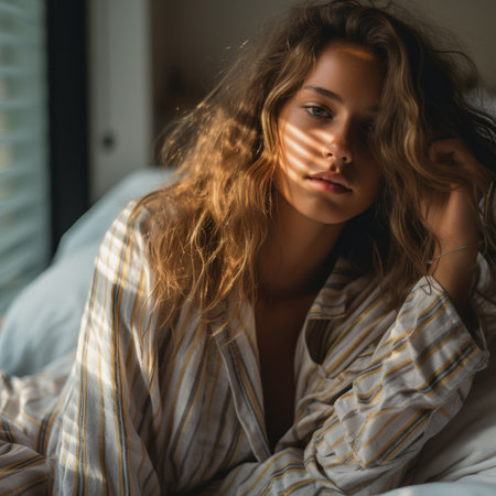 a woman laying on a bed in her pajamasの素材