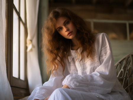 a woman in a white dress sitting on a window sillの素材