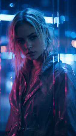 a woman standing in front of a glass wall with neon lightsの素材
