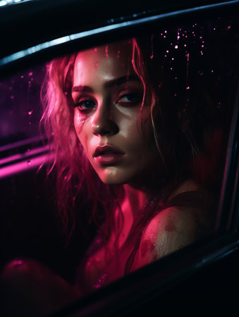 a woman sitting in the back seat of a car at nightの素材