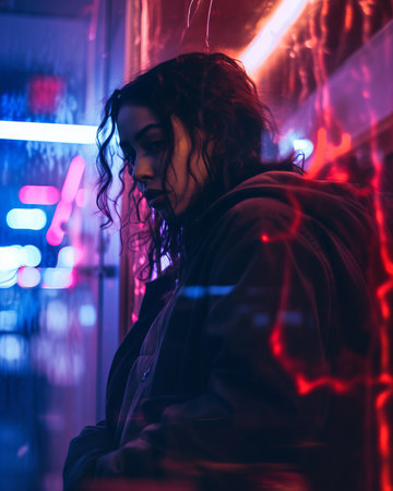 a woman standing in front of a neon signの素材