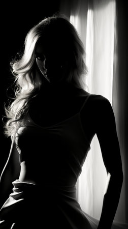 a woman in a white dress is silhouetted against a windowの素材