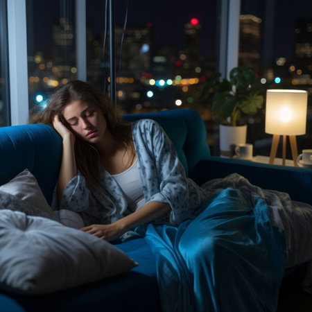 a woman sleeping on a couchの素材
