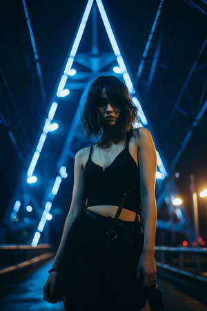 a woman standing in front of a bridge at nightの素材