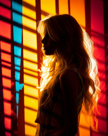 a woman is silhouetted against a colorful backgroundの素材