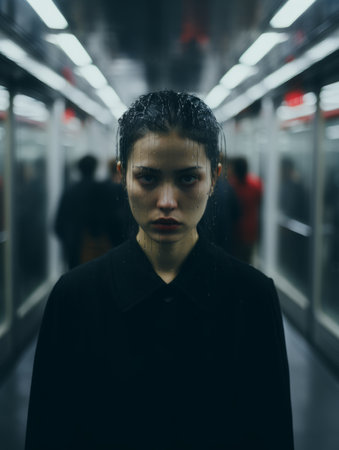 a woman standing in a subway with people in the backgroundの素材