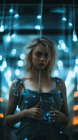 a woman standing in front of a string of lightsの素材