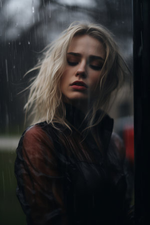 a woman standing in the rain with her hair blowing in the windの素材