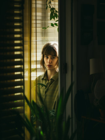 a woman looking out the window at a plantの素材