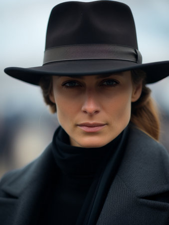 a woman wearing a black hat and black coatの素材