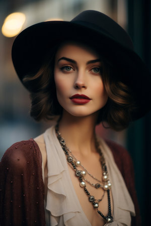 a woman wearing a hat and necklaceの素材