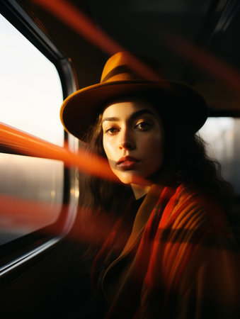 a woman wearing a hat and scarf sitting on a trainの素材