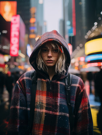 a woman wearing a plaid hoodie in new york cityの素材