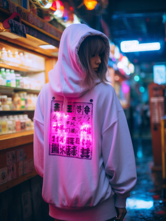 a woman wearing a white hoodie with neon lights on itの素材