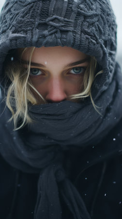 a woman wearing a winter hat and scarf in the snowの素材