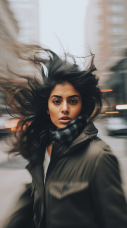 a woman walking down the street with her hair blowing in the windの素材