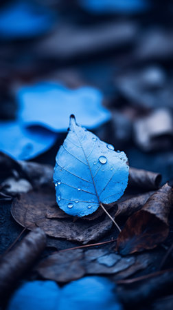 a blue leaf laying on the ground with water droplets on itの素材
