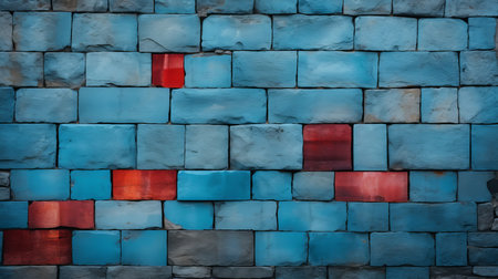a blue wall with red squares on itの素材