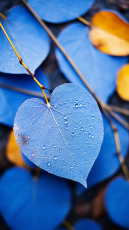 a blue heart shaped leaf with water droplets on itの素材