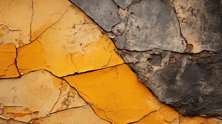 a close up of a cracked wall with yellow and black paintの素材