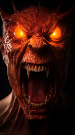 a close up of a demons face with glowing eyesの素材