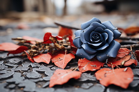 a blue rose sits on the ground surrounded by red leavesの素材