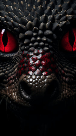 a close up of a dragons face with red eyesの素材