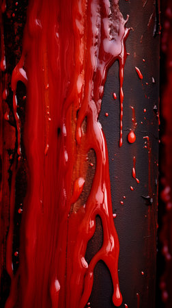 a close up of a red liquid dripping down the side of a poleの素材