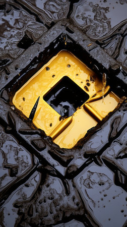 a close up of a yellow square in a puddle of waterの素材