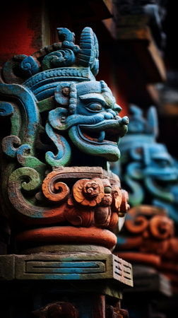 a close up of colorful statues on the side of a buildingの素材