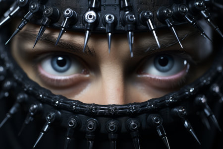 a close up of a womans face covered in spikesの素材