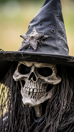 a close up of a skeleton wearing a witch hatの素材